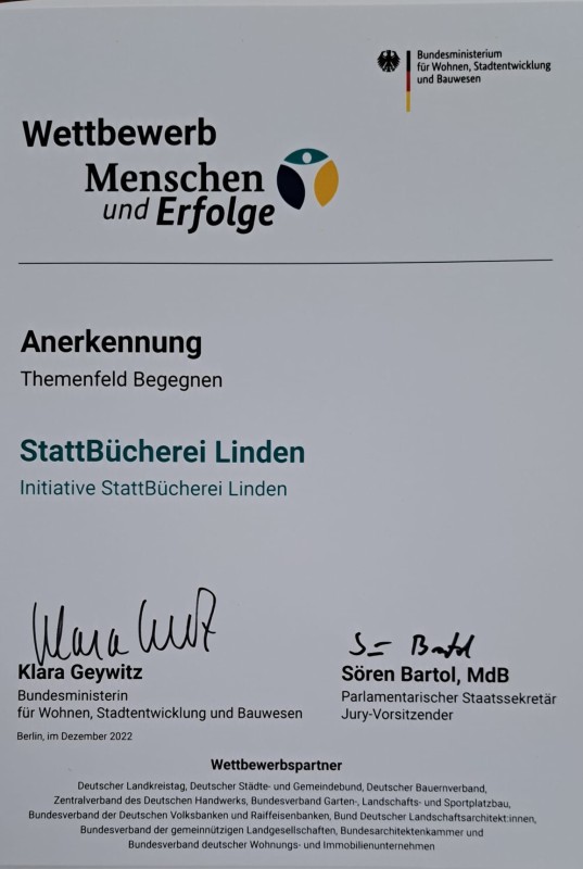Urkunde des Wettebewerbs Menschen und Erfolge